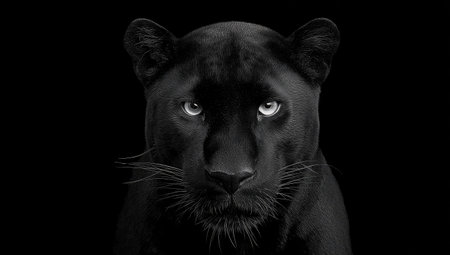 Intense black panther portrait, eyes piercing through darkness. Focus on head and face, low keyの素材