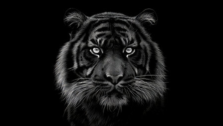A detailed monochrome depiction of a tiger&#39;s face, centered and illuminated against a stark black backdropの素材