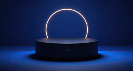 Dark blue cylindrical pedestal with glowing circle backdrop. Illuminated, clean, minimalistの素材