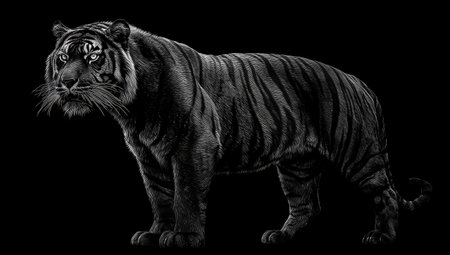 A black and white depiction of a tiger stands in the darkness, facing the viewerの素材
