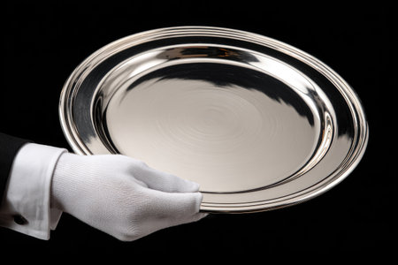 A gloved hand in a suit sleeve presents a polished, silver serving tray against blackの素材