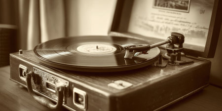 A vintage record player, turntable with arm on vinyl, in sepia tones. Wooden case, open lidの素材
