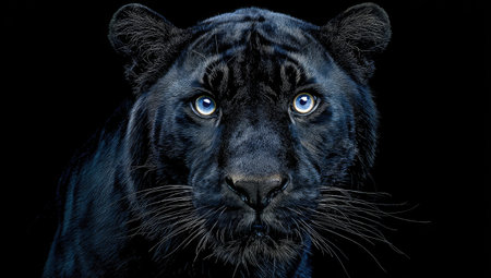 A stunning, close-up portrait of a black panther with striking blue eyes against a black backgroundの素材