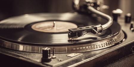 Close-up of a vintage turntable playing a vinyl record, with a tone arm hovering over the groovesの素材