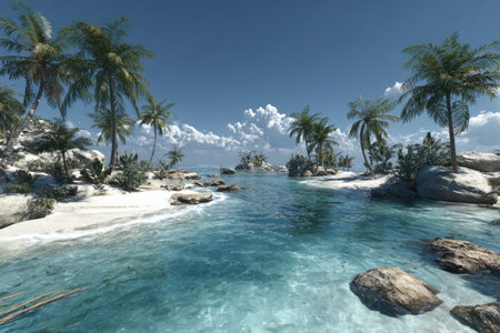 A tranquil beach scene with palm trees, clear water, sandy shores, and a bright blue skyの素材