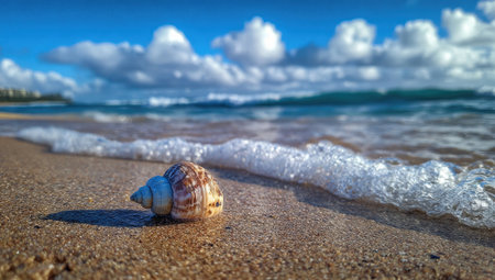 A seashell rests on sun-kissed sand as foamy waves roll in under a bright blue skyの素材