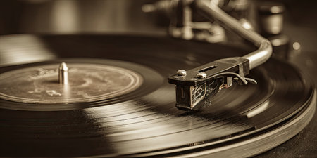 Vintage record player in sepia tones. Close-up of needle on vinyl record. Selective focusの素材