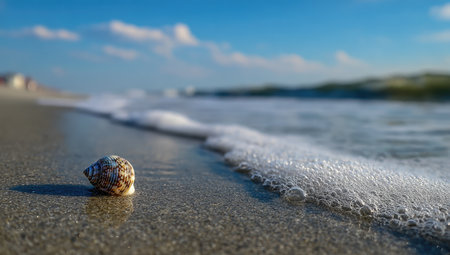 A single seashell rests on wet sand, as gentle waves lap the shore under a blue skyの素材