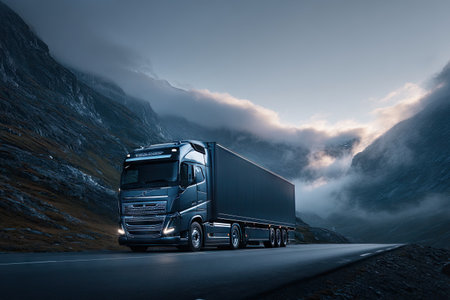 Modern hauler navigates a winding road through majestic mountains under a cloudy skyの素材