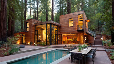 Modern wood home nestled in forest with pool and patio, lit interiorsの素材