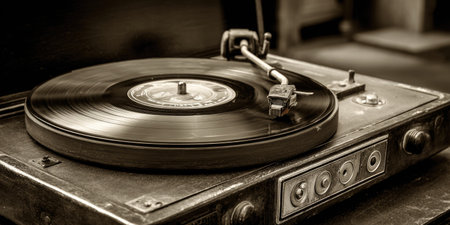 Close-up of a vintage record player, with a spinning vinyl disc, in sepia tonesの素材