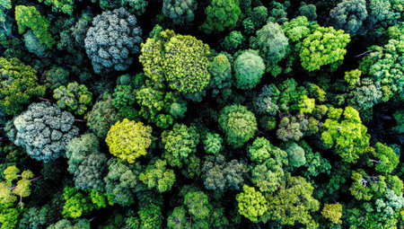 Aerial view of a dense forest canopy with various shades of green and yellowの素材