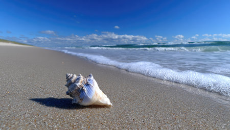 A detailed image of a seashell on sandy beach with waves and blue skyの素材