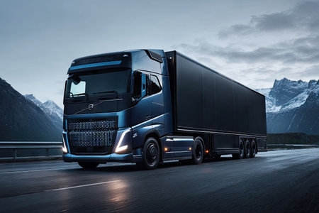 A sleek, dark blue semi-truck travels on a road with mountains in the backgroundの素材
