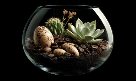 Miniature desert scene in glass bowl; cacti, succulent, eggs, coffee beans, dark backgroundの素材