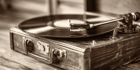 Vintage record player with vinyl disc, tonearm, and built-in case, viewed in monochromeの素材