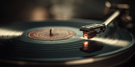 A close-up captures a turntable needle on a spinning vinyl record, detail and depth of fieldの素材