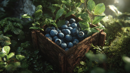 A wooden box filled with blueberries sits amidst lush green foliage, bathed in soft lightの素材