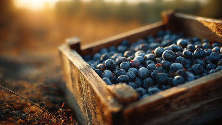 Close-up of a wooden crate overflowing with freshly harvested blueberries in a sunny fieldの素材