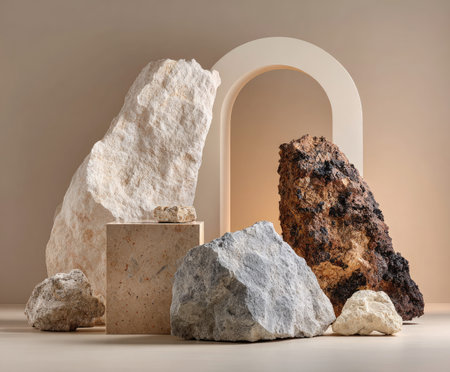 Stone formations and arch against a soft, neutral backdrop. Rocks in varying texturesの素材