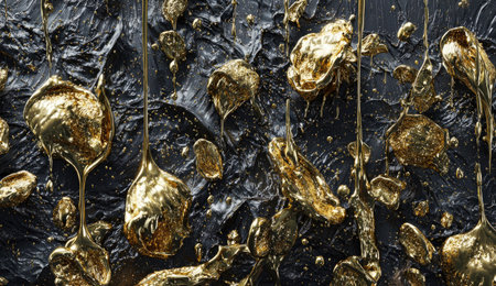 Abstract dark textured background with shimmering gold elements dripping, splashing, and floatingの素材