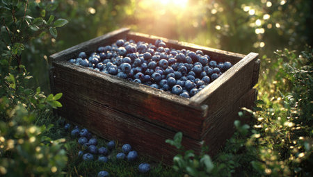 Rustic wooden crate overflowing with ripe blueberries, nestled in lush green foliage; sunlitの素材