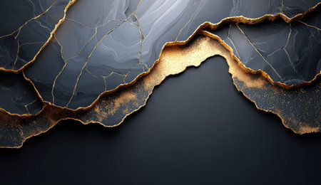 Abstract art of marbled grey and black, broken with gold. Dark and elegant designの素材