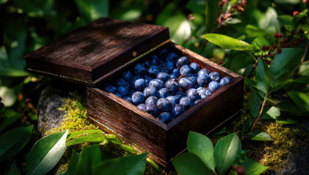 Wooden box brimming with blueberries, nestled amongst green foliage and mossの素材