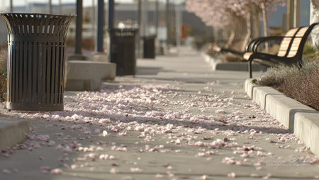 Pathway scene with fallen pink petals, benches, trash cans and flowering treesの素材