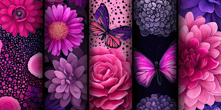 A vibrant floral and butterfly collage in varying shades of pink, purple, and blackの素材