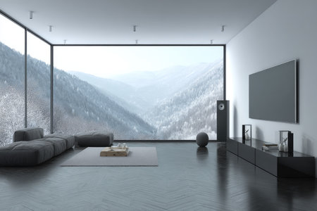 Modern living room with a massive window framing a snowy mountain vista, minimal designの素材