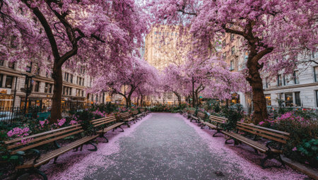 A park pathway is flanked by blossoming pink trees, benches, and city architectureの素材