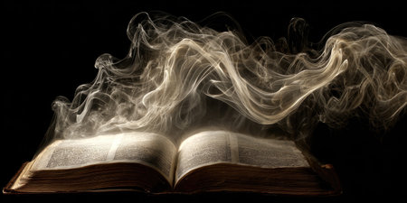 A weathered, open book emits ethereal smoke against a stark black backdrop, suggesting knowledgeの素材