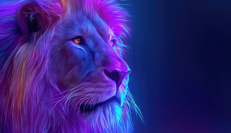 A majestic lion portrait glows with vibrant neon colors, gazing thoughtfully to the rightの素材