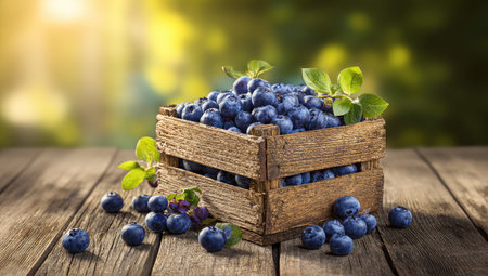 A wooden crate overflowing with fresh, ripe blueberries sits on a weathered wooden surface, sunlight shiningの素材