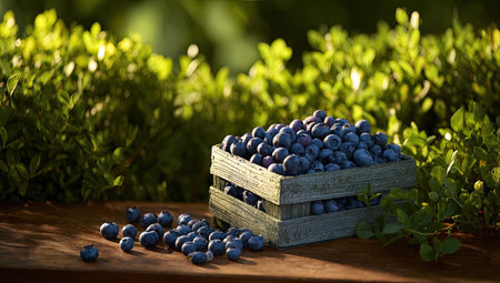 A rustic wooden crate overflowing with ripe blueberries, set against a leafy backdropの素材