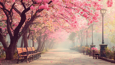 An enchanting park path leads beneath blooming pink trees, benches line the walkway, dreamy hazeの素材