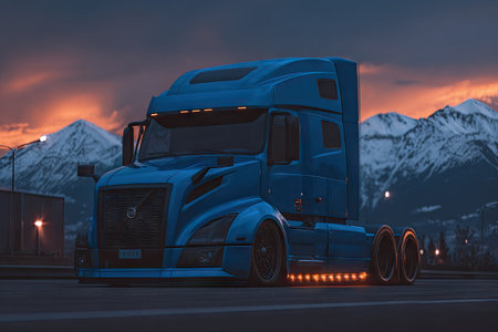 A sleek, blue semi-truck sits on a road, mountain backdrop at dusk, with illuminated lightsの素材