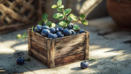 A rustic wooden crate brimming with ripe blueberries, sprigs of green leaves embellishの素材