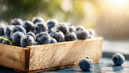 Close-up of ripe blueberries in a wooden box, bathed in rain and soft sunlightの素材