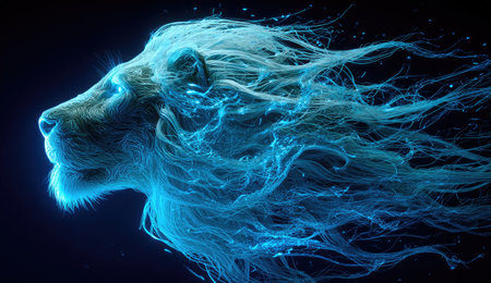 Digital artwork of a glowing, translucent lion&#39;s head with flowing mane against a dark backgroundの素材