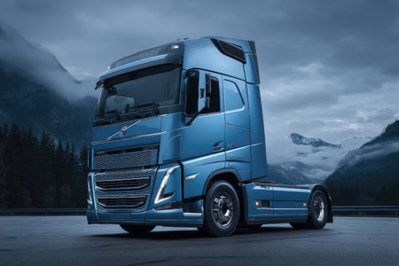 A large, blue semi-truck is parked on a dark road, with a mountain backgroundの素材