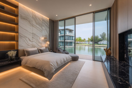 Luxurious bedroom w/ marble wall, water view, large window &amp; modern decorの素材