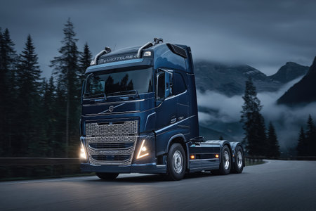 A large, dark blue semi-truck travels a winding road through a mountainous landscapeの素材