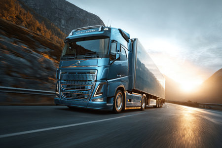 A blue semi-truck speeds on a road, mountains in background, sun shining, vibrant colorsの素材