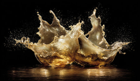 Two liquid splashes, golden in color, explode upward against a black backgroundの素材
