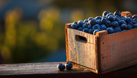 Wooden crate overflowing with fresh, plump blueberries bathed in warm sunlight, on a weathered surfaceの素材