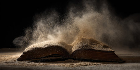 An old, open book covered in dust, with particles suspended in air against a dark backdropの素材