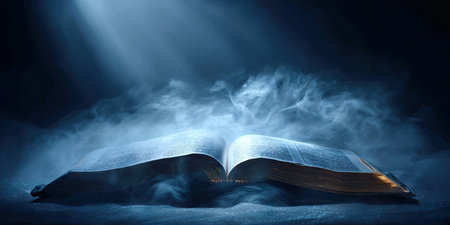 Open book illuminated by a beam of light amidst ethereal blue smoke and darknessの素材