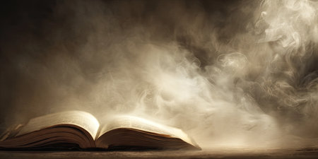 Open book in warm light surrounded by swirling smoke, creating a mystical and enigmatic atmosphereの素材